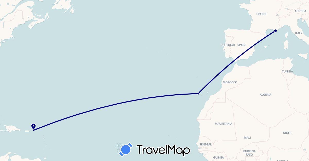 TravelMap itinerary: driving in Spain, France, British Virgin Islands (Europe, North America)